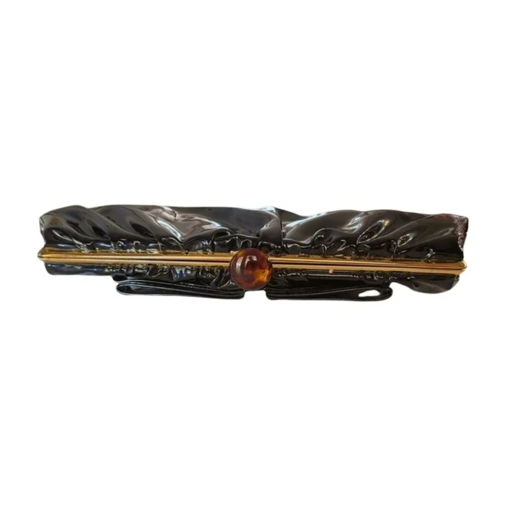 Vintage Style Black Patent Ruched Bow Clutch Gold Frame Amber Kiss Lock‎ Bag